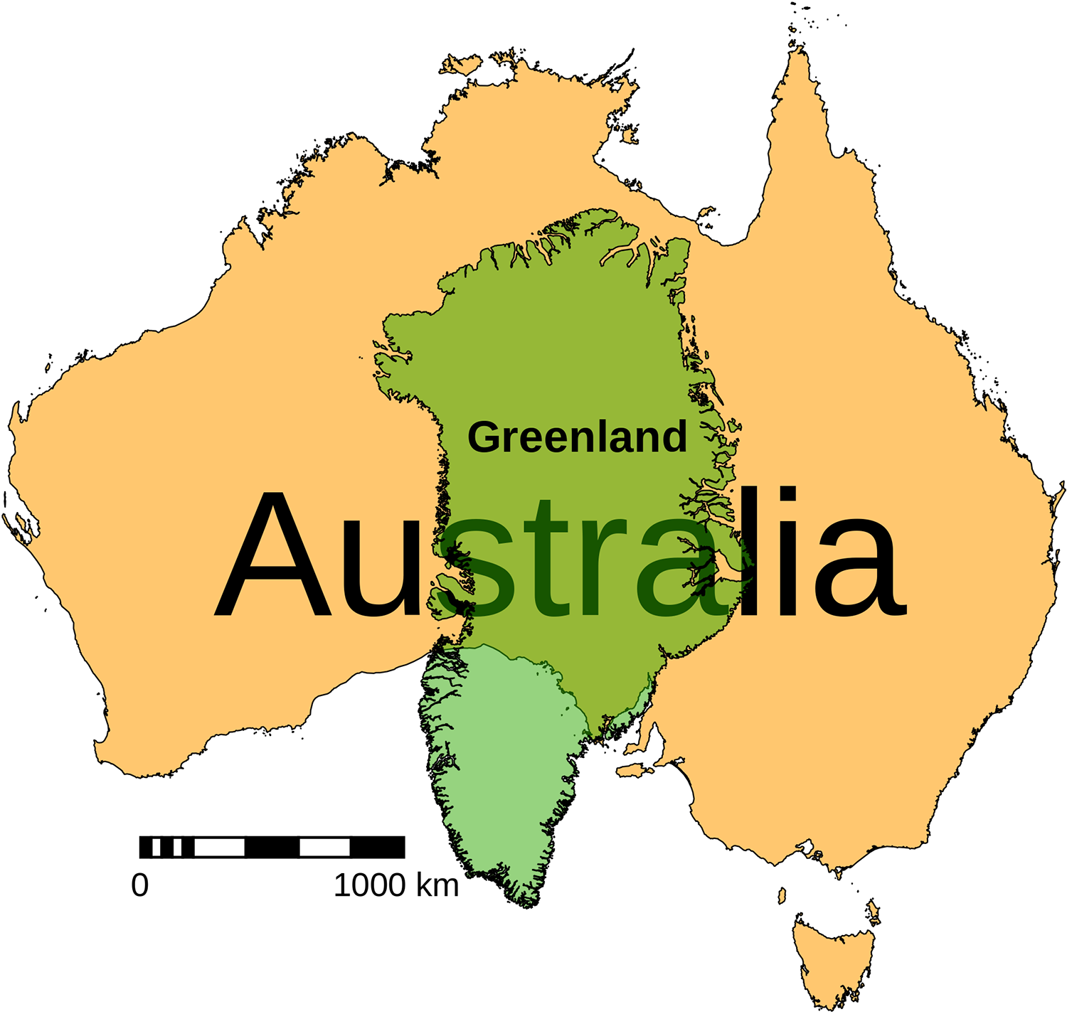 Image of greenland superimposed on Australia.  Purpose of image is to highlight how small Greenland is relative to Australia. © Benjamin Hell, 9 Nov 2012 / Wikimedia Commons / CC-BY-SA-3.0